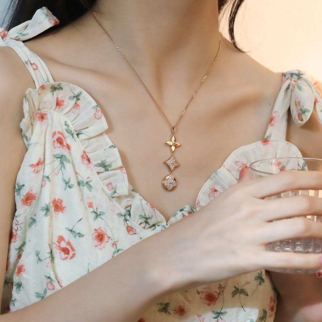 [AuraEcho]STAR AND SUN DIAMOND PINK GOLD NECKLACE