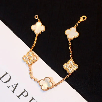 [AuraEcho]CLOVER WHITE PEARL MOP 5 MOTIF BRACELET COLLECTION