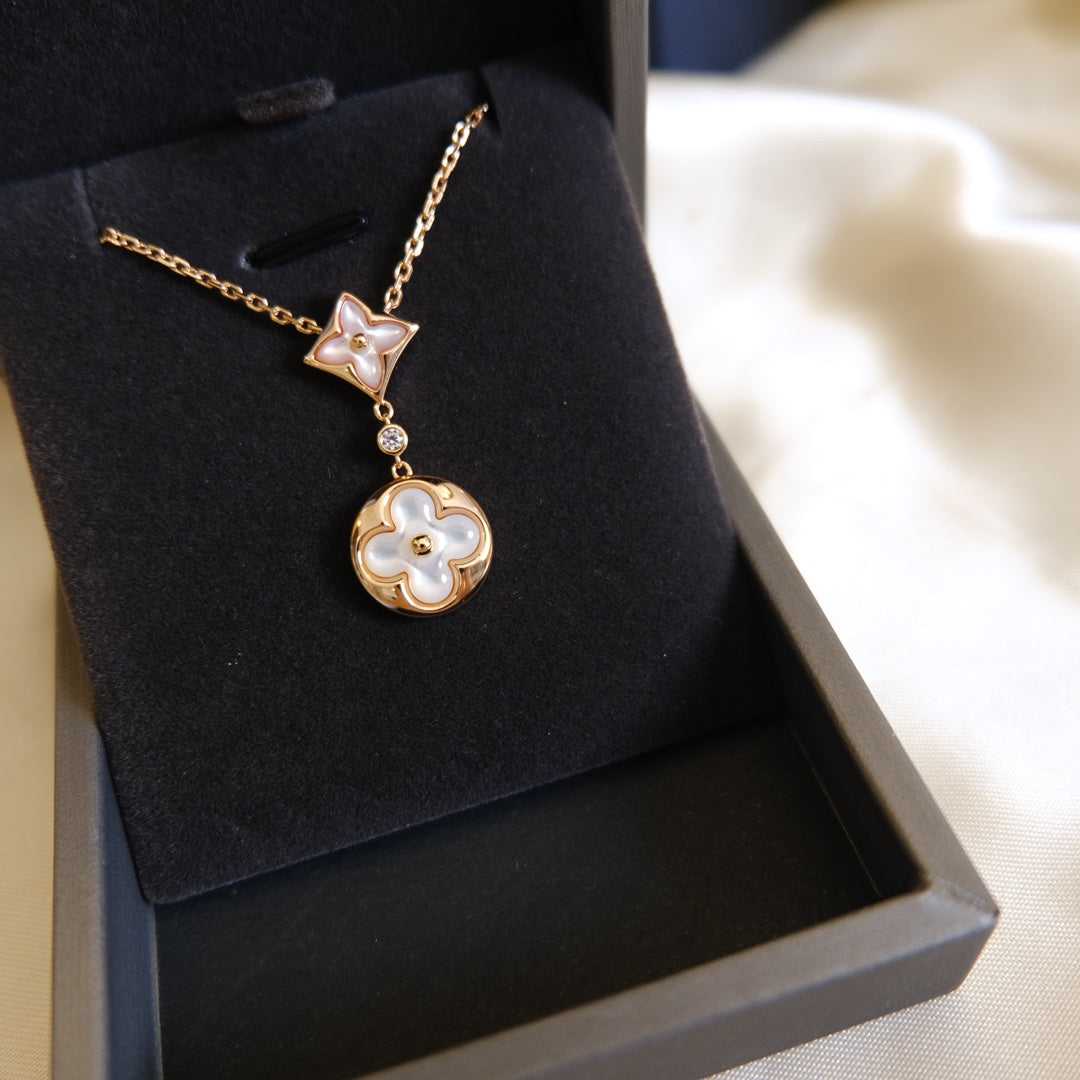 [AuraEcho]STAR AND SUN WHITE MOP 2 MOTIF PINK GOLD NECKLACE