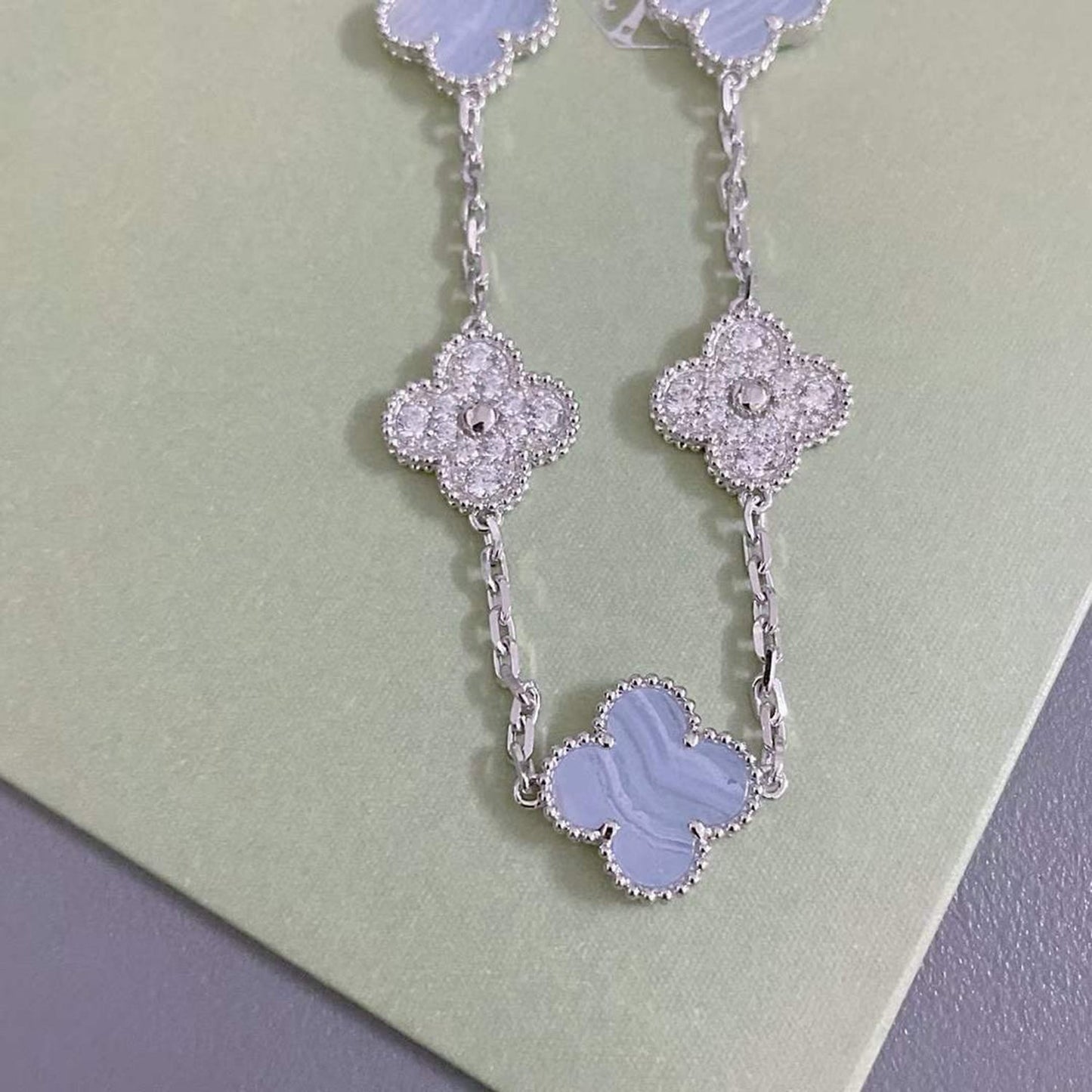 [AuraEcho]CLOVER  5 MOTIF DIAMOND PURPLE CHALCEDONY BRACELET SILVER